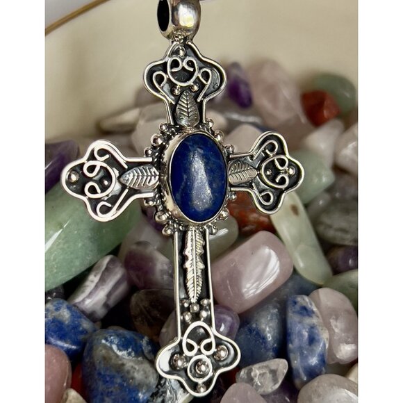 Handcrafted Oval Lapis Lazuli Cut Gemstone Cross 925 Sterling Silver - Picture 5 of 16
